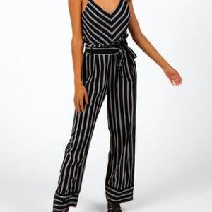 𝅺FRANCESCA'S Harper Heritage Antonia Belted Black Striped Jumpsuit